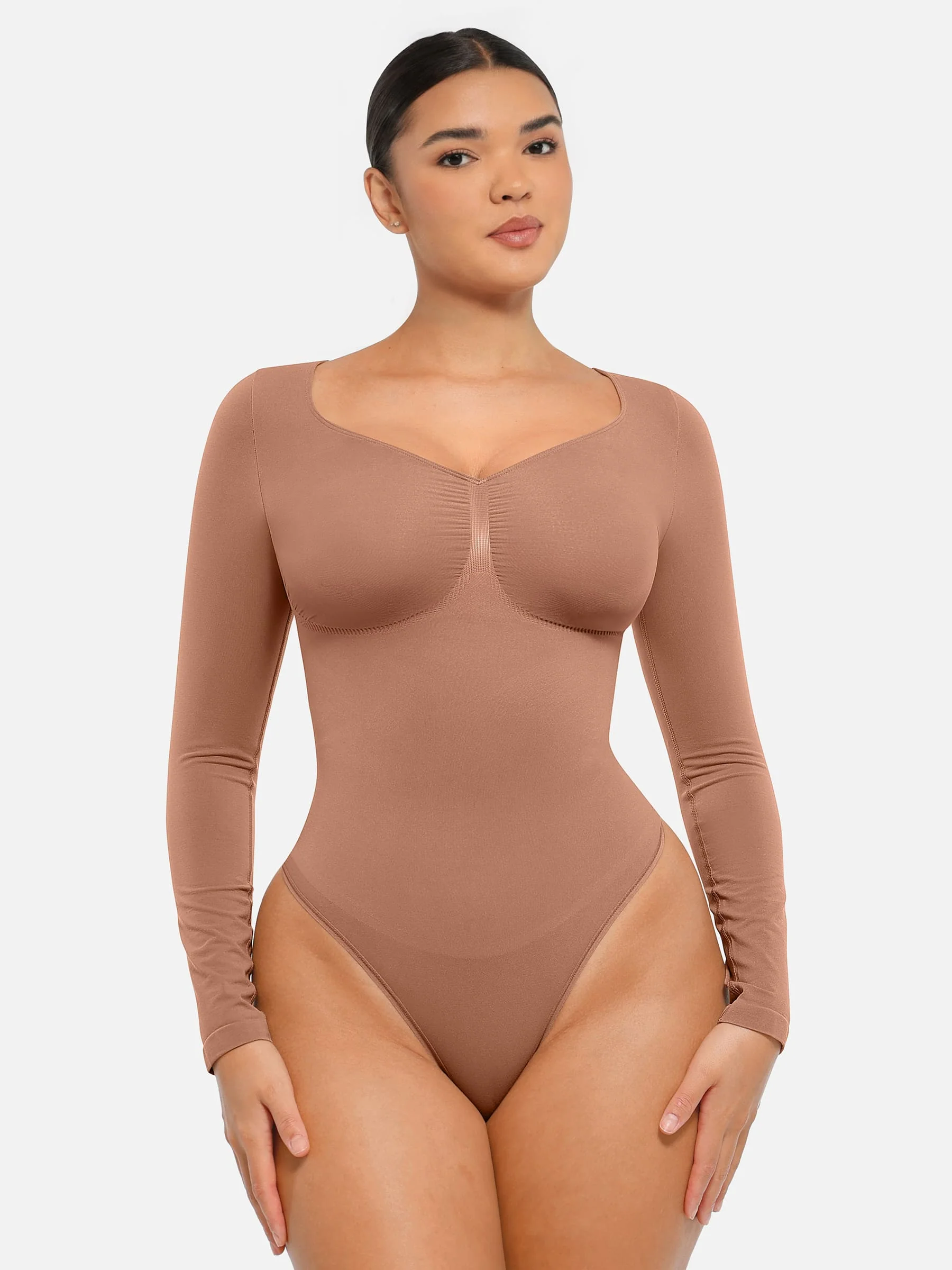 Feelingirl Seamless Long Sleeve Chest Support Tummy Control Thong Bodysuit - Image 10